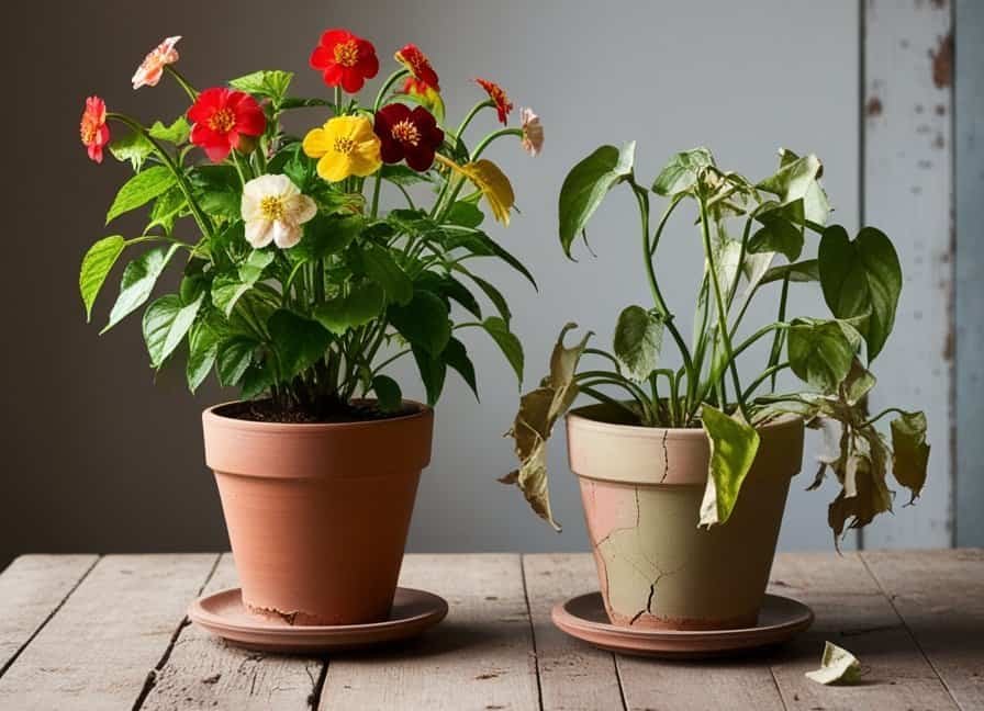 2 Pot plants on a table, one is thriving the other is in need of some care and is wilting.